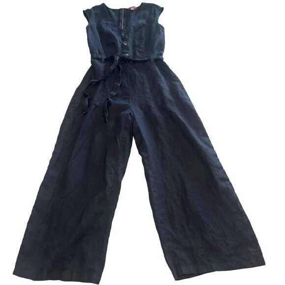 Vince Camuto Navy Blue Sleeveless Belted Jumpsuit Buttons Zipper Wide Leg Sz XXS - Picture 1 of 8